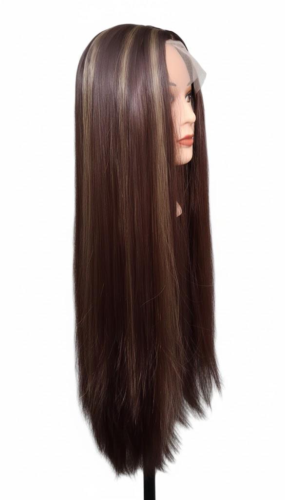 Peluca de encaje con raya fija de 30" de largo, cabello liso, con reflejos castaños a caramelo, para mujeres, cabello sintético | Zebaish Wigs & Extensions