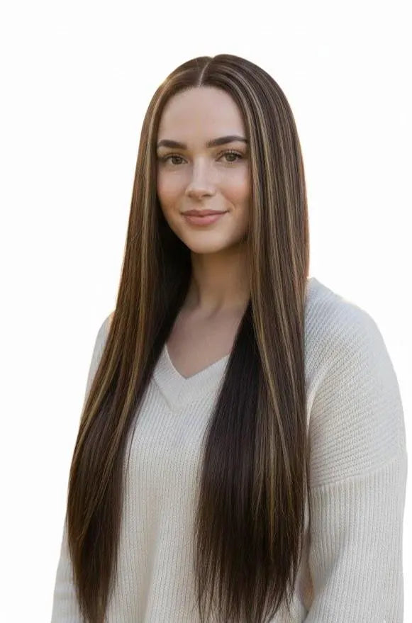 Peluca de encaje con raya fija de 30" de largo, cabello liso, con reflejos castaños a caramelo, para mujeres, cabello sintético | Zebaish Wigs & Extensions