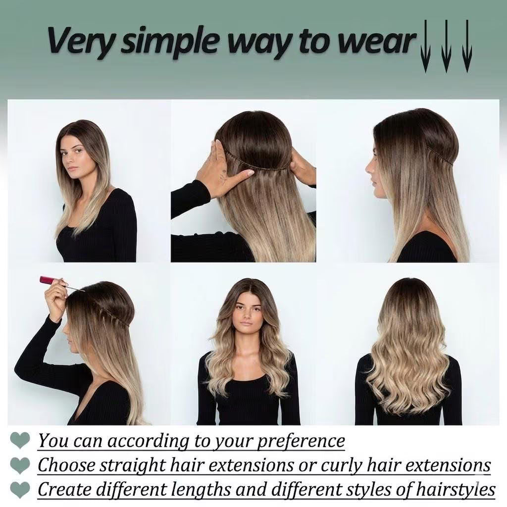 Step-by-step guide on how to wear hair extensions with text instructions.