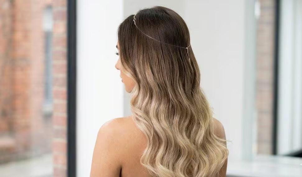 Woman with wavy hair looking out a window with a blurred background