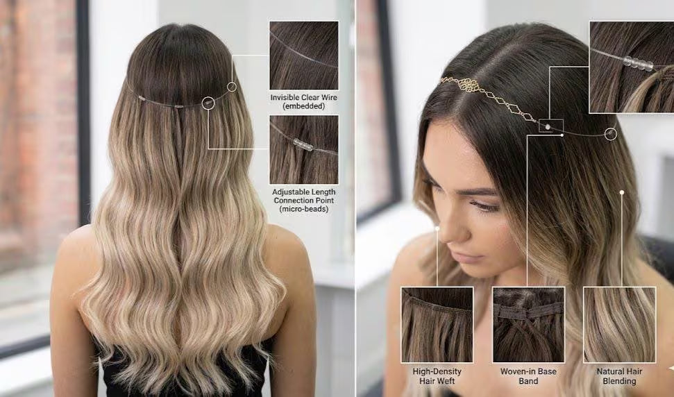 Woman with styled hair, showing different hair extensions and their features.