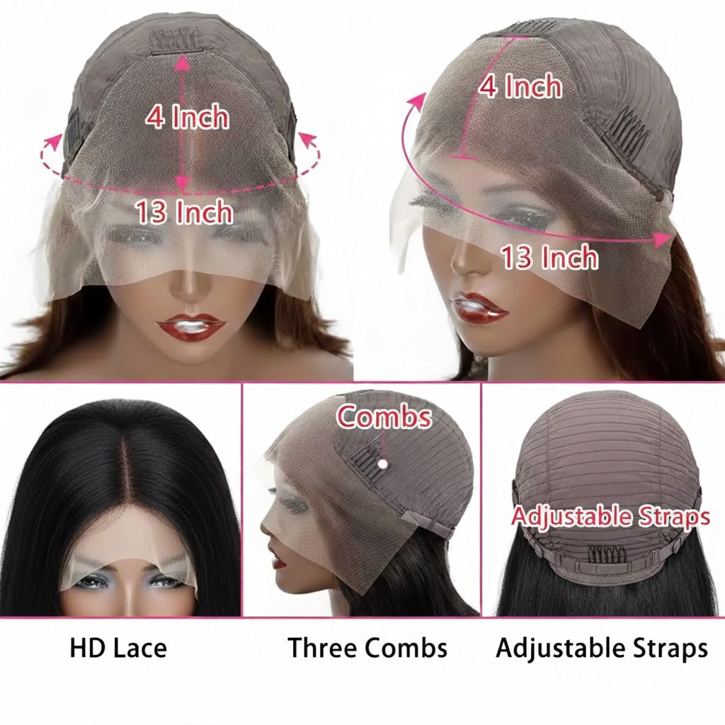 Wig cap with measurements and features labeled on a white background