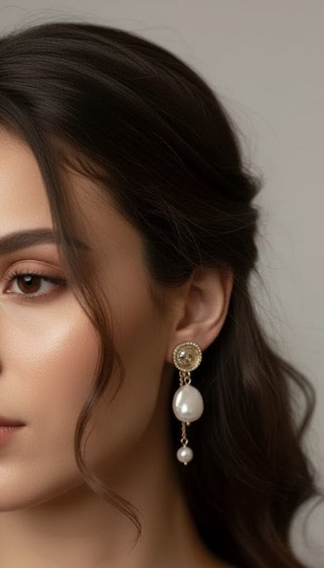 Gold Coin Stud with Baroque Pearl Drop Earrings | Zebaish Wigs and Extensions