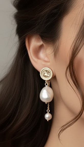 Gold Coin Stud with Baroque Pearl Drop Earrings | Zebaish Wigs and Extensions