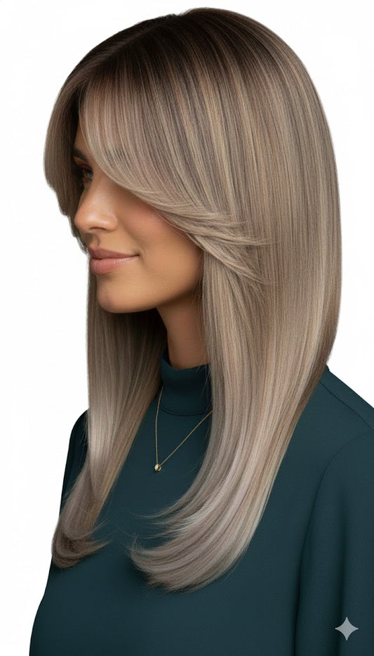 Woman with long, layered hair in a side profile on a white background