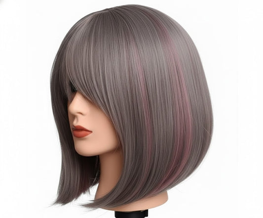 Platinum Blonde Wig with Dusty Pink Highlights 12" Long Synthetic Hair | Zebaish Wigs & Extensions
