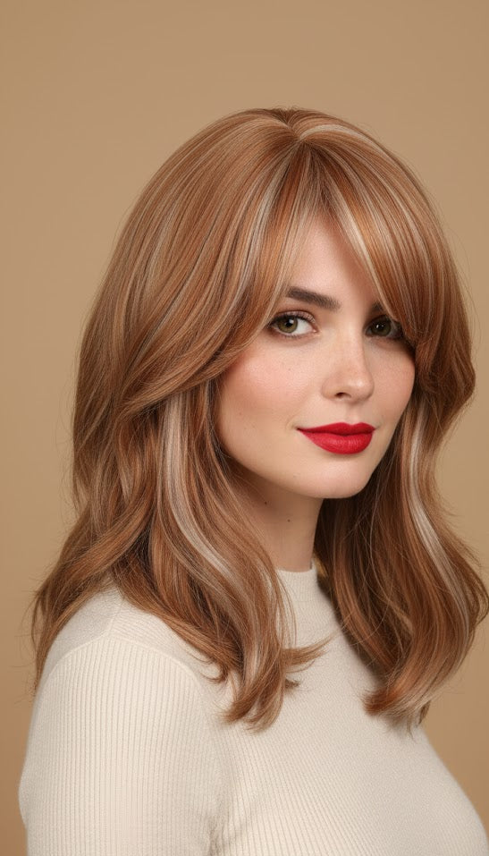 Ginger Brown With Blonde Highlights 18" Layer Cut Wig For Women Synthetic Hair | Zebaish Wigs & Extensions