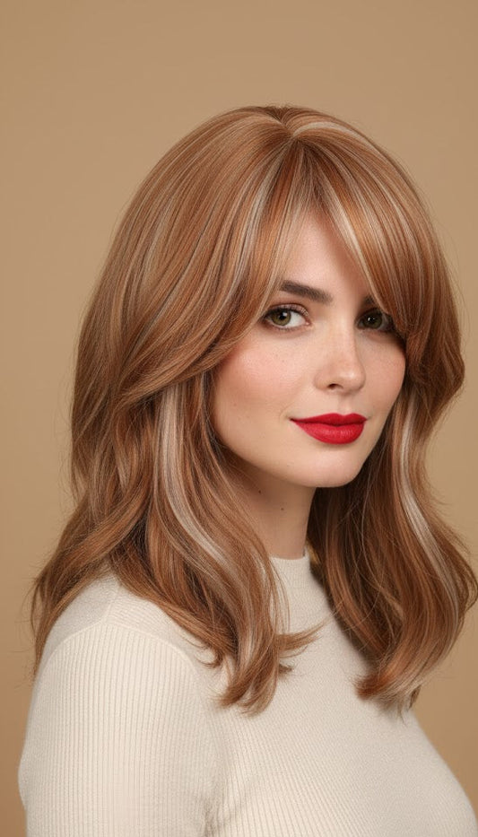 Ginger Brown With Blonde Highlights 18" Layer Cut Wig For Women Synthetic Hair | Zebaish Wigs & Extensions