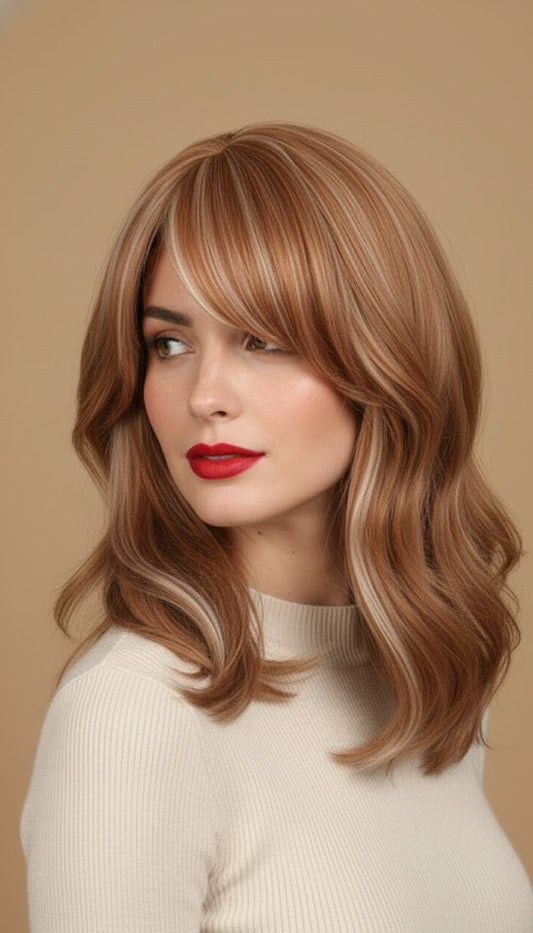 Ginger Brown With Blonde Highlights 18" Layer Cut Wig For Women Synthetic Hair | Zebaish Wigs & Extensions