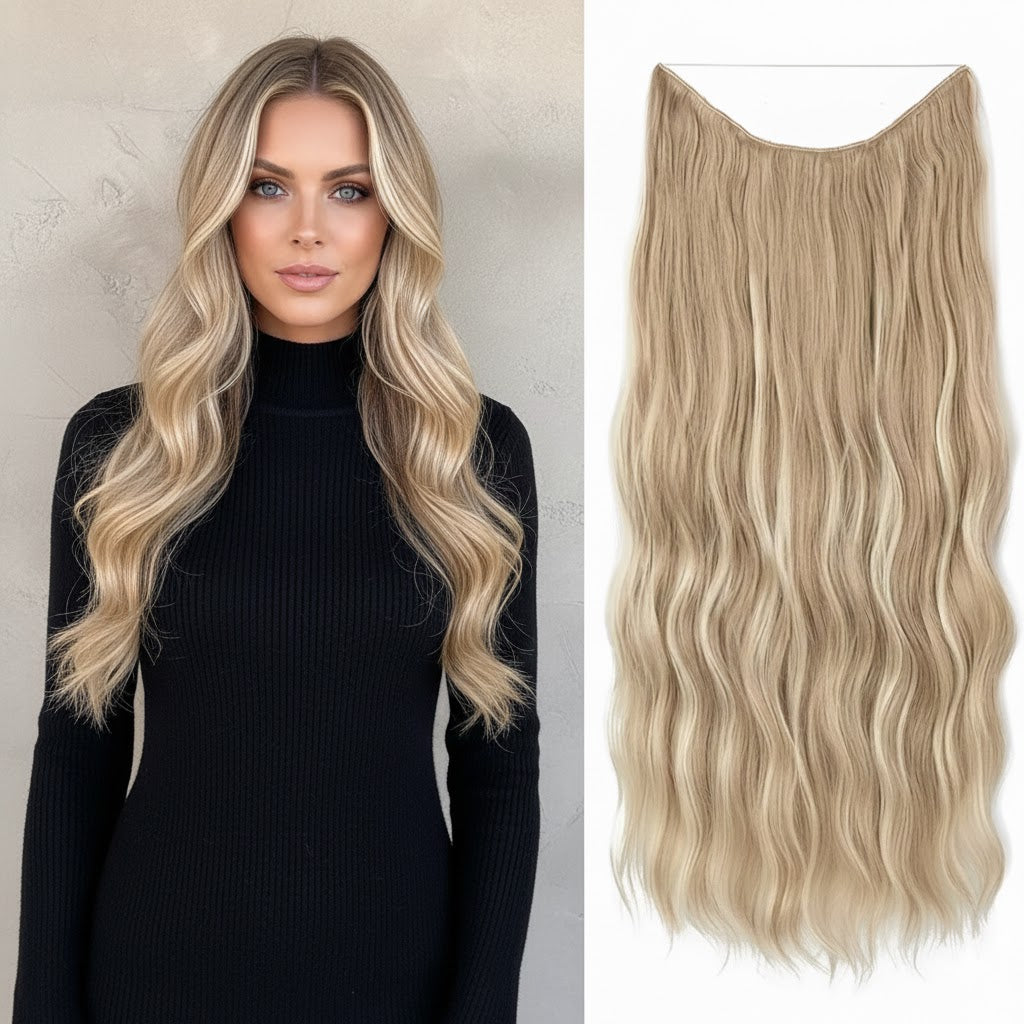 Halo Hair Extensions 24 Inch Synthetic - Long Wavy Dirty Blonde | Zebaish Wigs & Extensions