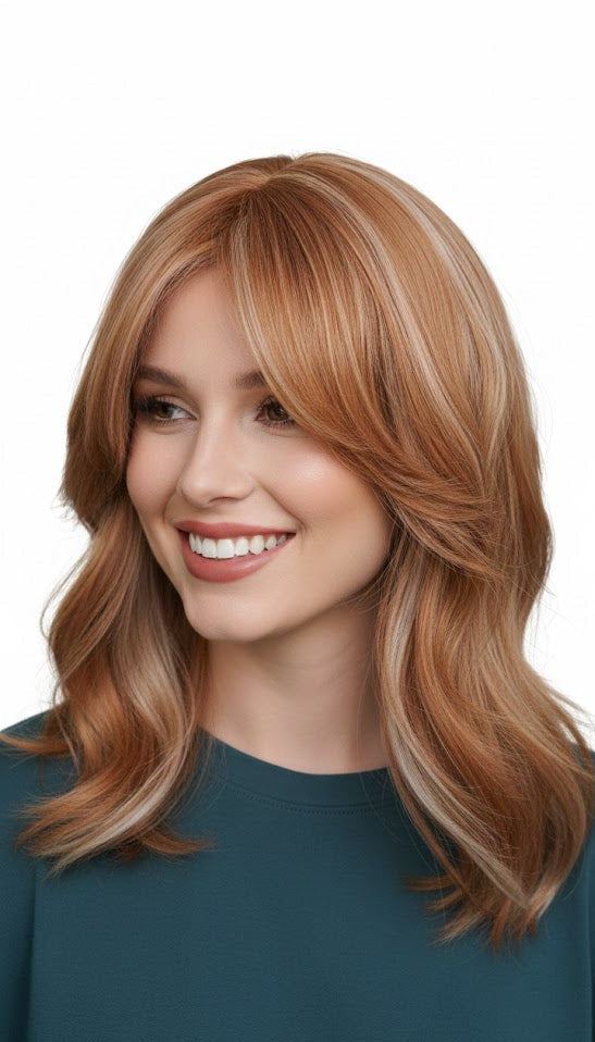 Ginger Brown With Blonde Highlights 18" Layer Cut Wig For Women Synthetic Hair | Zebaish Wigs & Extensions