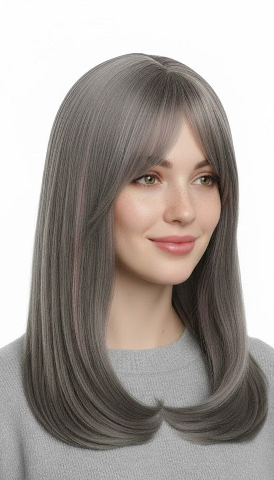 Platinum Blonde Wig with Dusty Pink Highlights 16" Long Synthetic Hair | Zebaish Wigs & Extensions