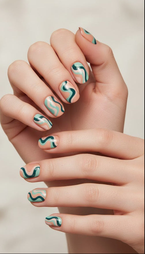 Peach & Teal Fake Press On Nail (with glue) Shiny False Nails Elegant Glass Nail Art | Zebaish Wigs & Extensions