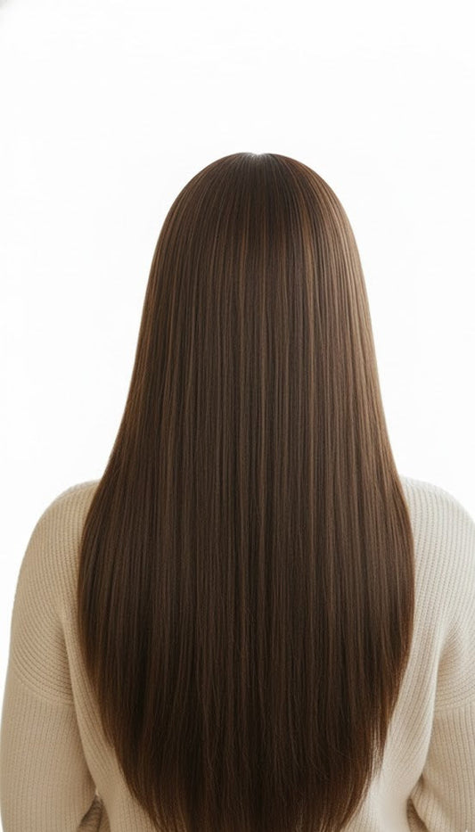 Person with long, straight brown hair on a white background