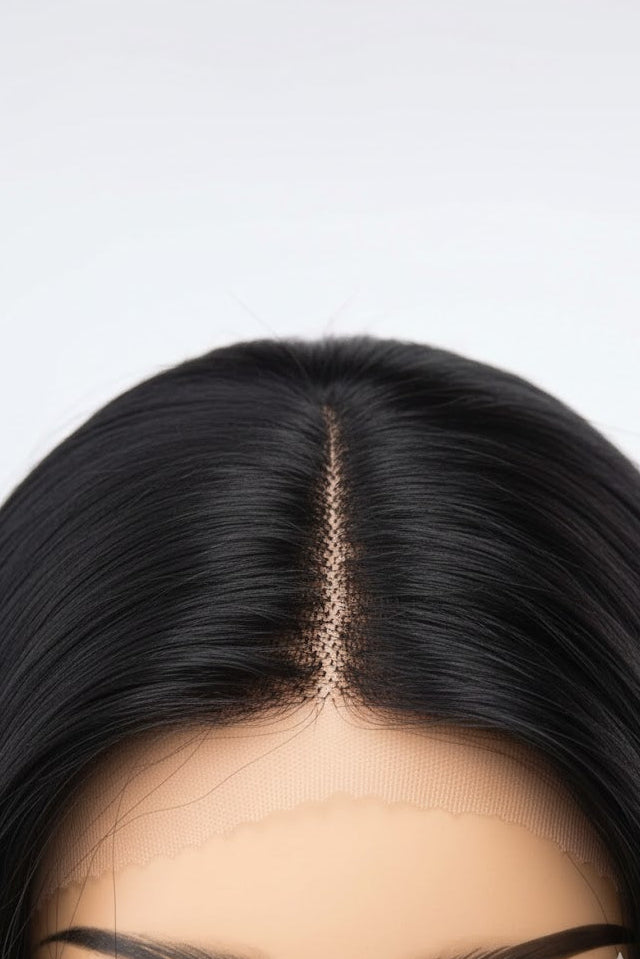 Close-up of a wig with a lace front on a neutral background