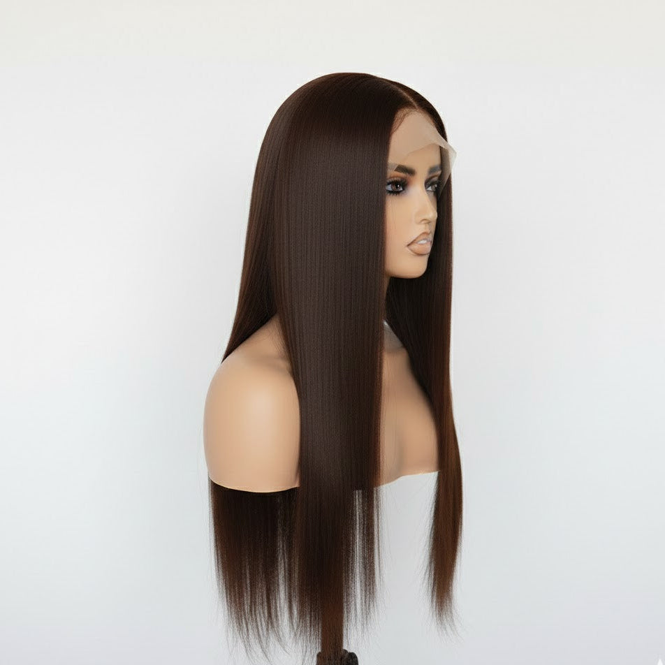 Mannequin head with long brown straight hair on a white background