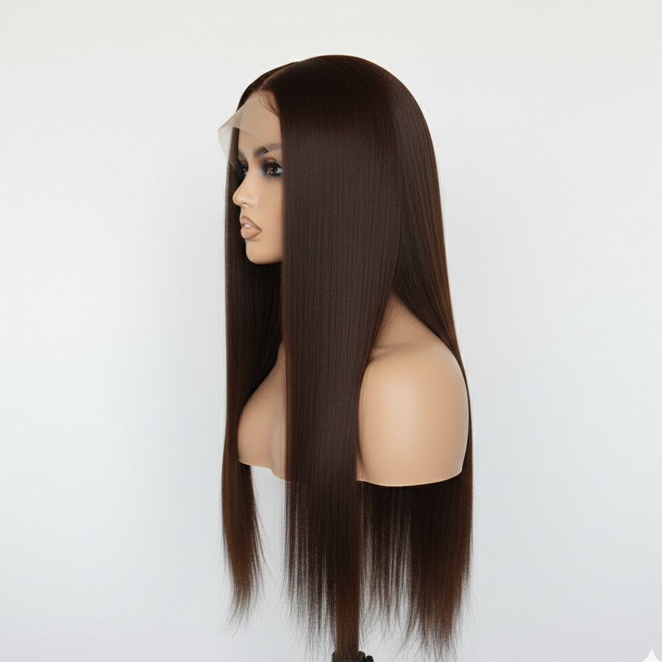 Mannequin head with long brown straight hair on a white background