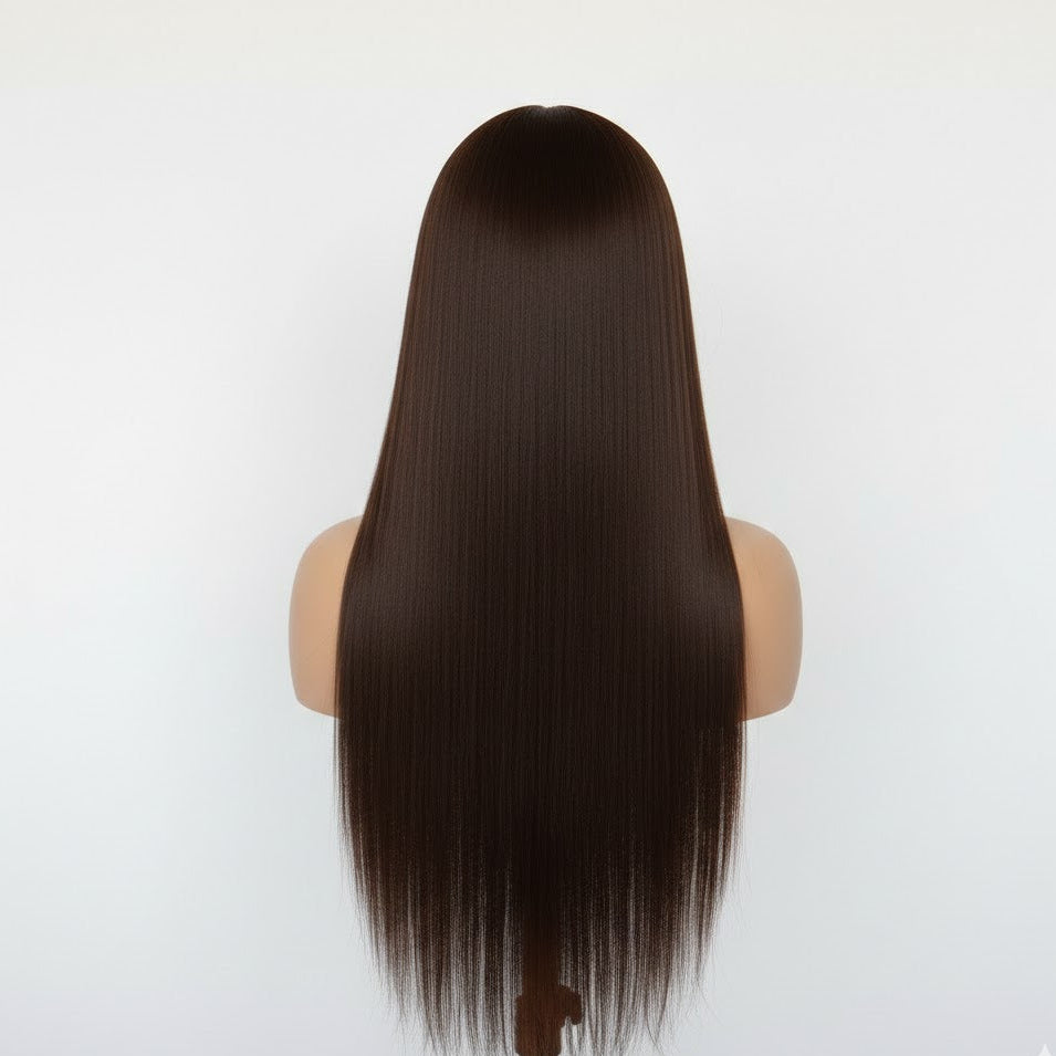Mannequin head with long brown hair on a white background