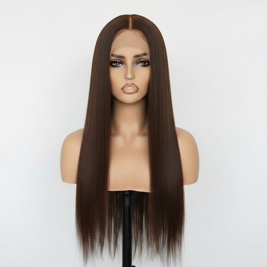 Brown wig on a mannequin head against a white background