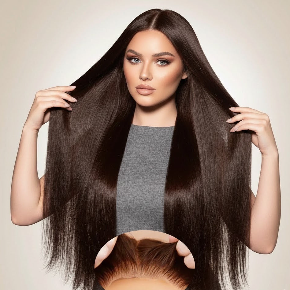 Woman with long, straight brown hair holding a hair extension against a neutral background