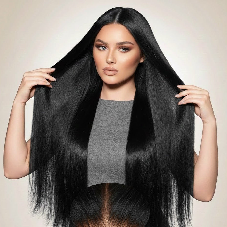 Woman with long, straight black hair against a neutral background