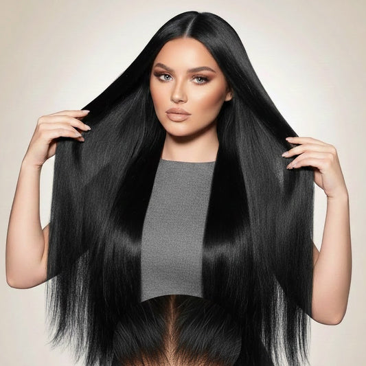Woman with long, straight black hair against a neutral background
