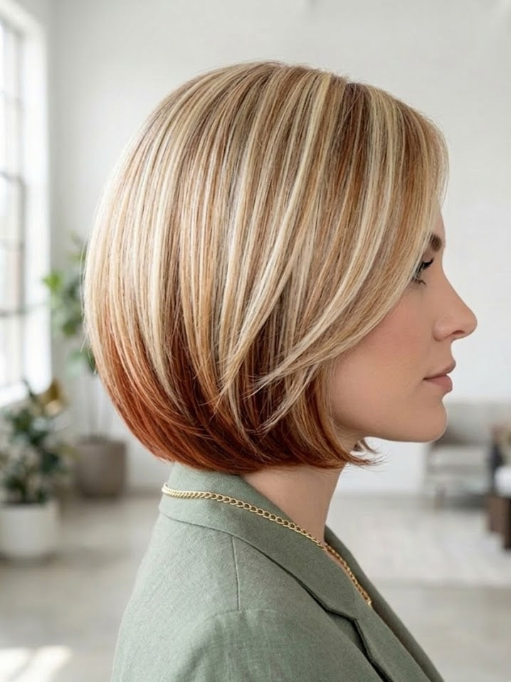 Woman with a styled bob haircut in a bright room