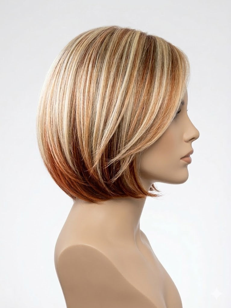 Mannequin head with a styled wig featuring blonde and brown hair on a white background