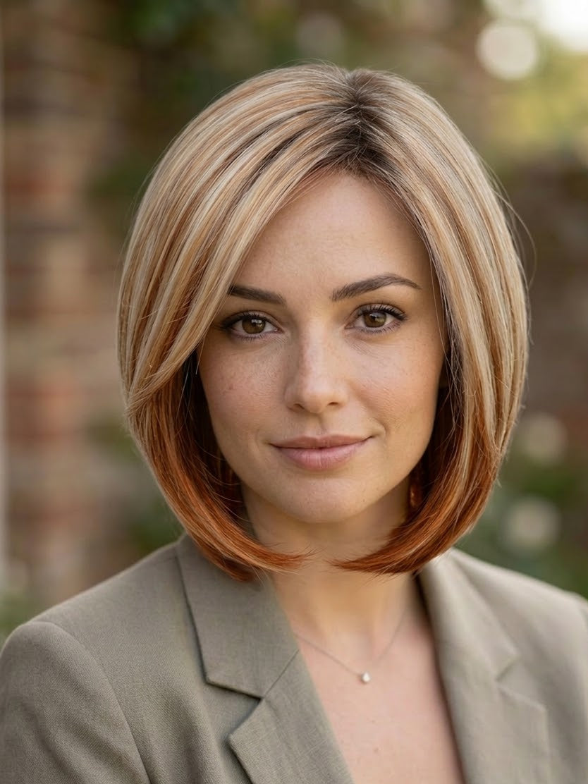 Woman with a styled haircut wearing a beige blazer outdoors.