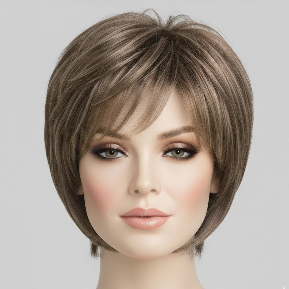 Mannequin head with a brown wig on a gray background