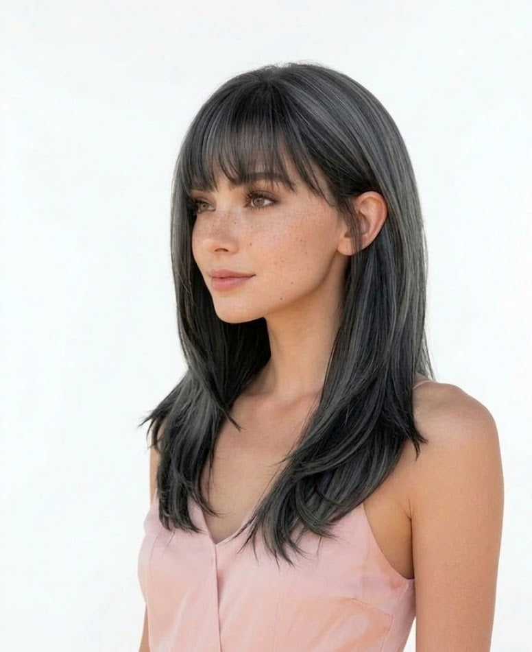 Woman with long black hair and bangs wearing a pink top on a white background