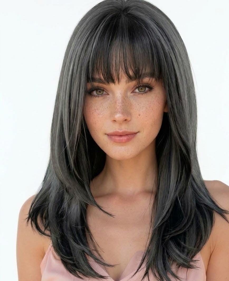 Woman with long black hair and bangs on a white background