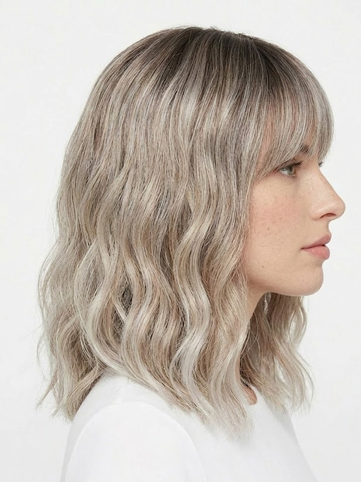Woman with wavy blonde hair against a white background