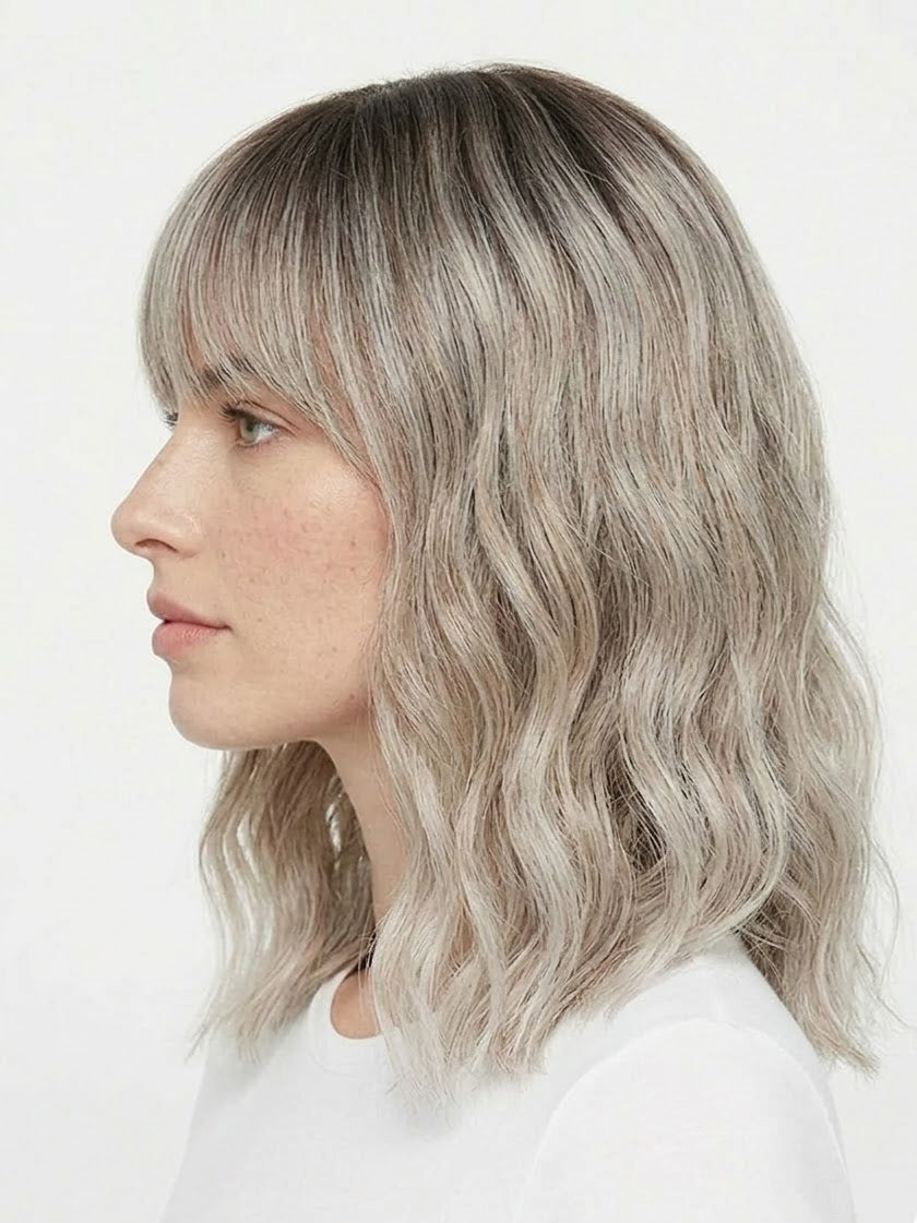 Woman with wavy, shoulder-length hair on a white background
