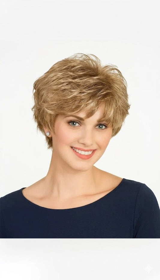 Woman wearing a wig with short, styled hair on a white background
