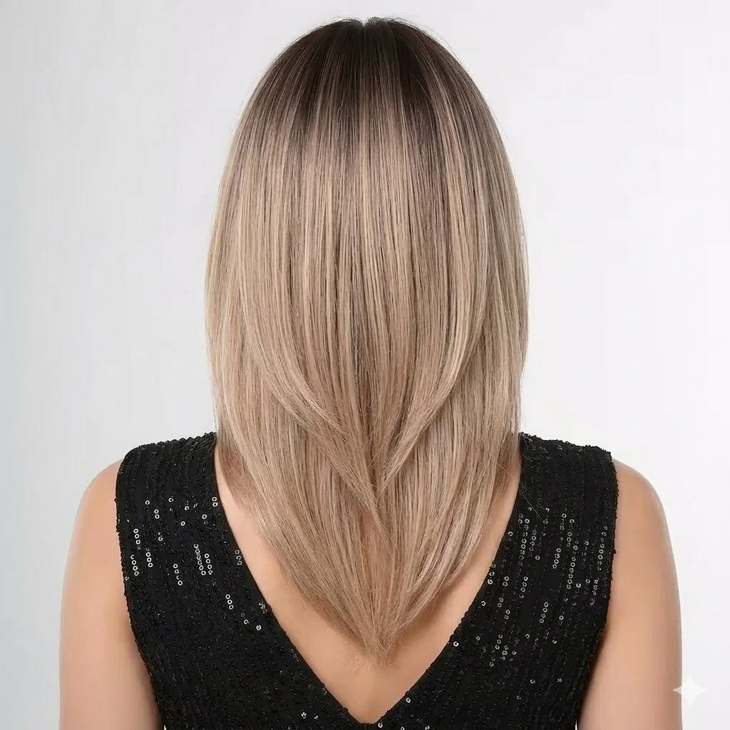 Person with long, gradient hair wearing a black sleeveless top on a white background