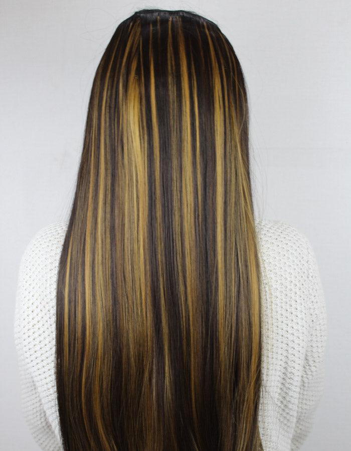 Dark Brown Gold Highlights Long Extension - Zebaish Wigs and Extension