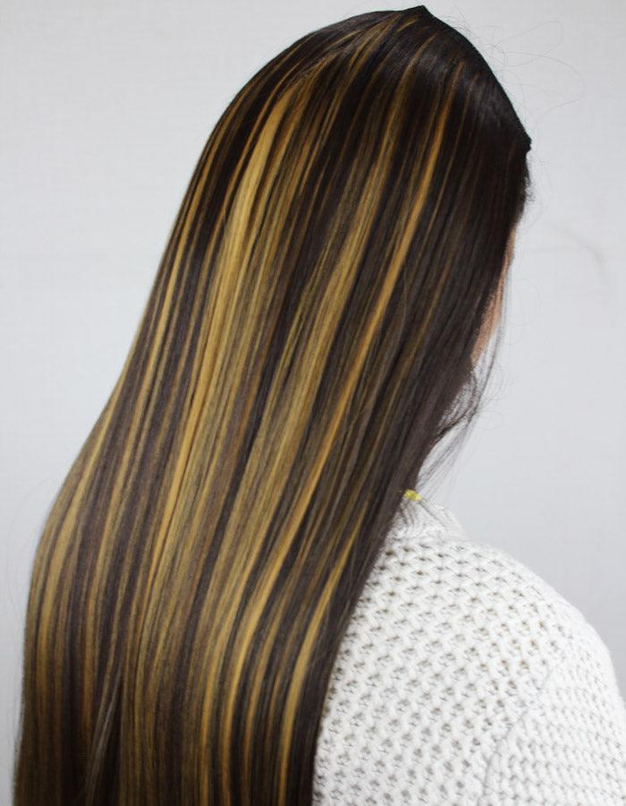 Dark Brown Gold Highlights Long Extension - Zebaish Wigs and Extension