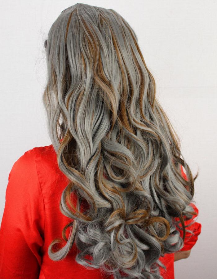 Grey Curl Extension with Light Brown Highlights - Zebaish Wigs and Extension